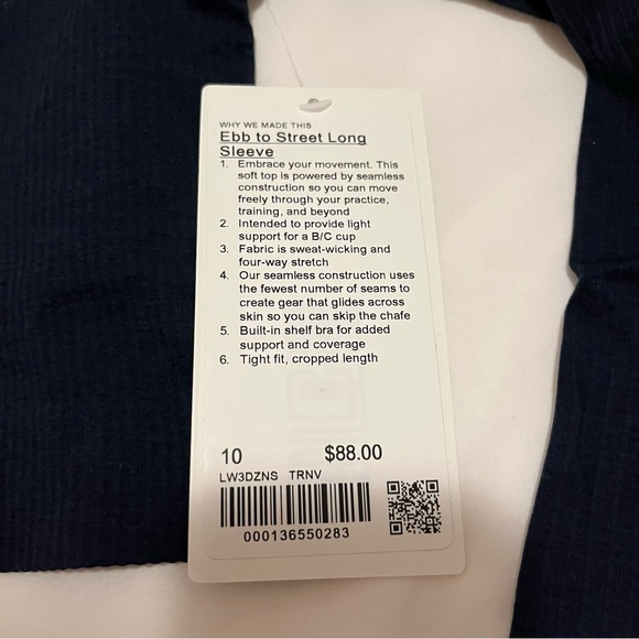Lululemon Ebb to Street Long Sleeve True Navy Ribbed cropped size 10 NWT sports - Picture 7 of 16